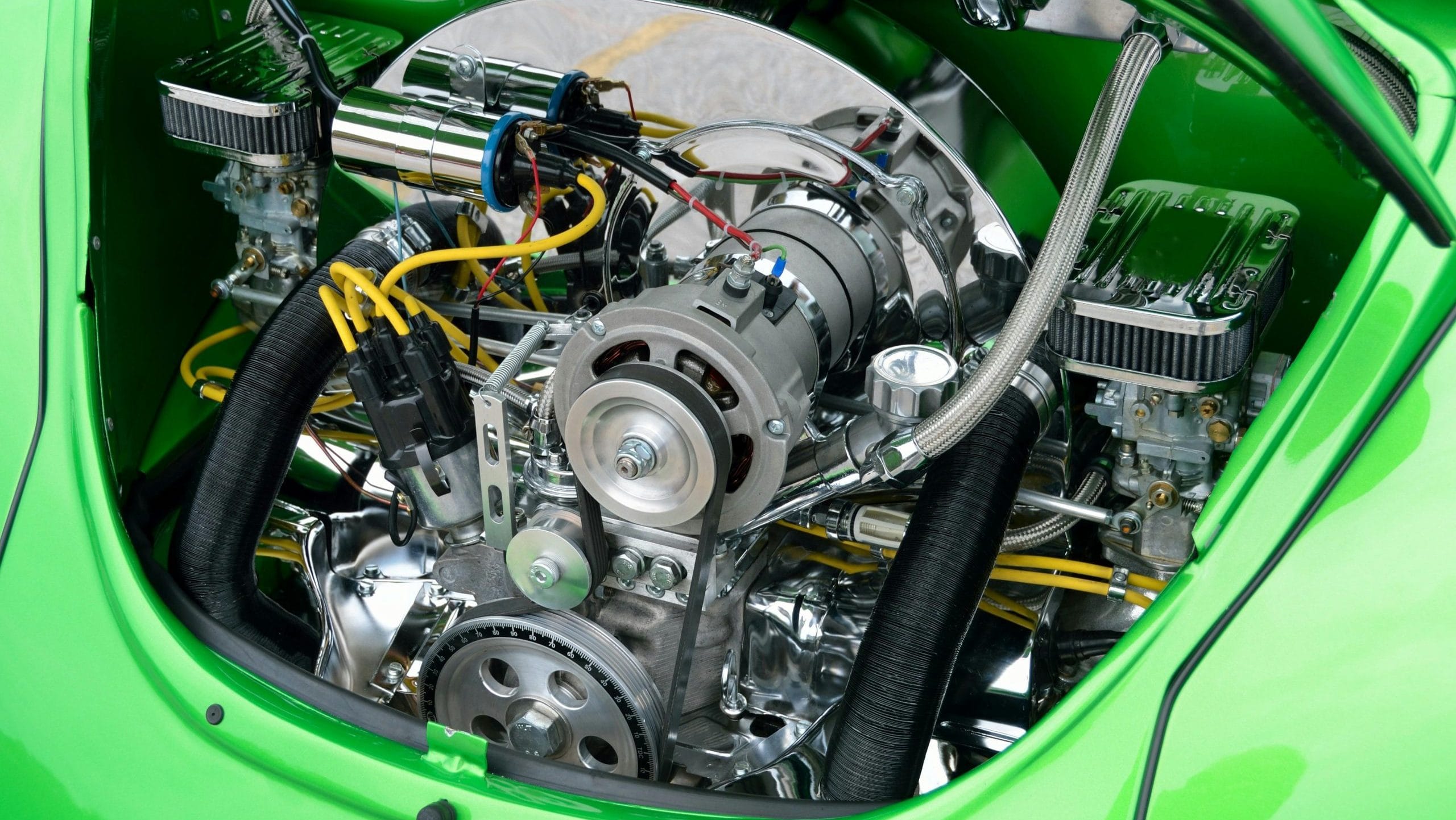 Detailed view of a Volkswagen engine showcasing automotive engineering precision.
